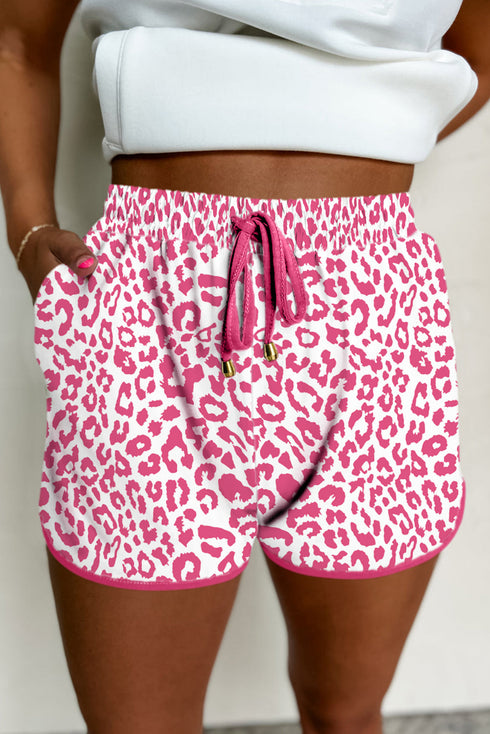 Leopard Print Elastic Waist Drawstring Contrast Trim Lounge Shorts